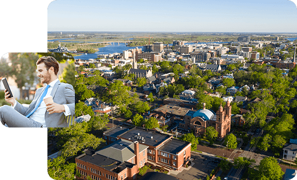 Middle: Portrait of city in North Carolina, Left: Businessman sitting on bench looking at phone